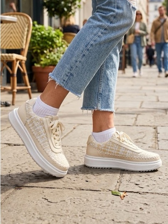 Shoes - Casual Tweed Platform Sneakers - Cream